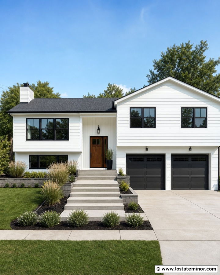 White Split Level House With Pewter Shingles - 30 White House Design With Shingles Ideas