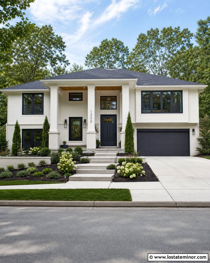 White Split Level House With Porch Columns - 30 White House Design With Porch Columns Ideas