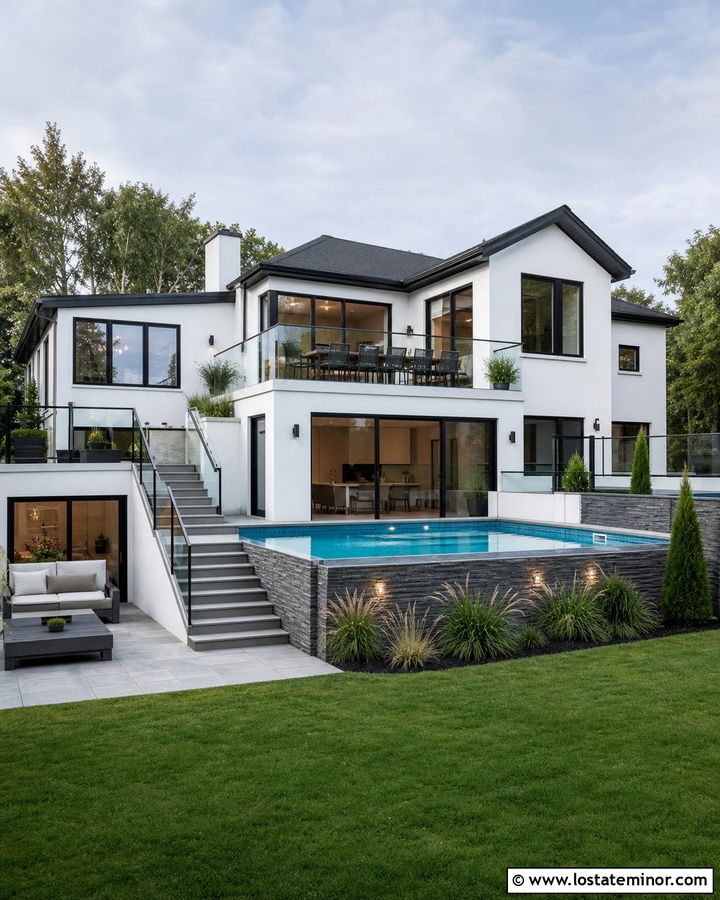 White Split Level House With Raised Swimming Pool - 30 White House Design With Swimming Pool Ideas