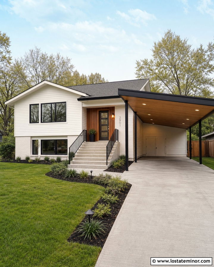 White Split Level House With Shed Roof Carport - 30 White House Design With Carport Ideas