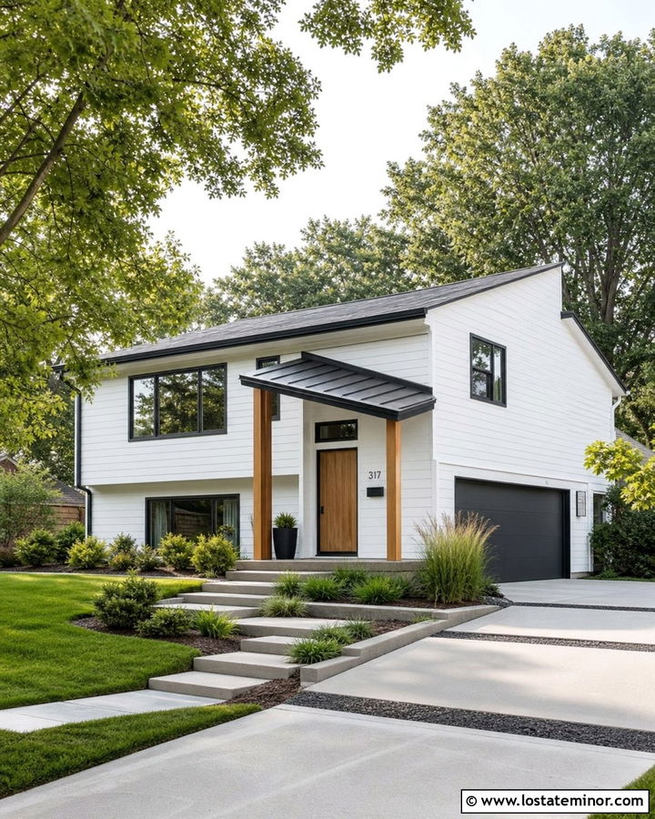 White Split Level House With Shed Roof Portico - 30 White House Design With Portico Ideas