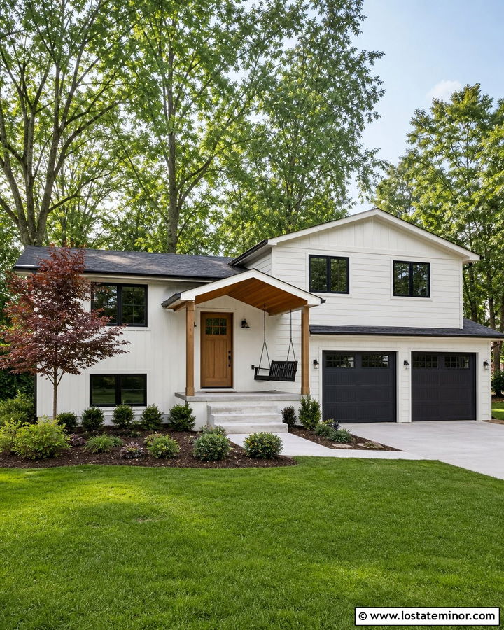 White Split Level House With Side Porch Swing - 30 White House Design With Swing Ideas