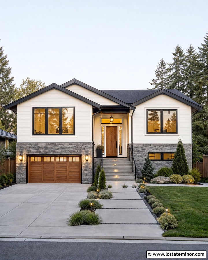 White Split Level House With Stacked Stone Garage - 30 White House Design With Stone Accents Ideas
