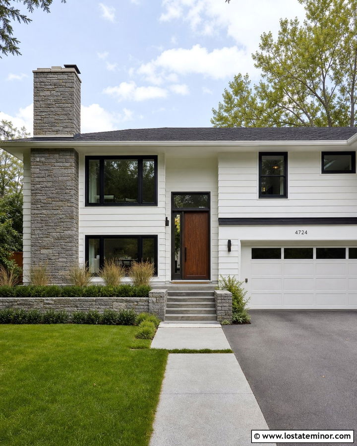 White Split Level House With Stone Chimney - 30 White House Design With Chimney Ideas
