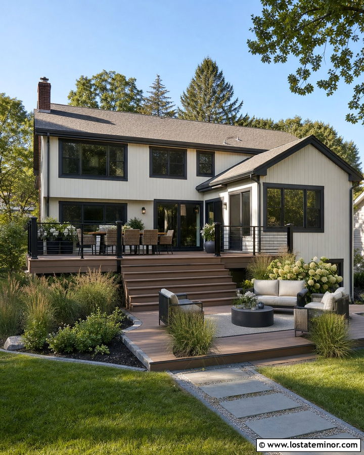 White Split Level House With Tiered Backyard Deck - 30 White House Design With Backyard Ideas