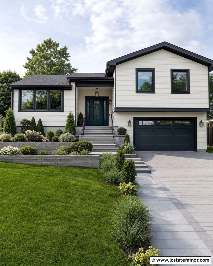 White Split Level House With Tiered Landscaping - 30 White House Design With Landscaping Ideas