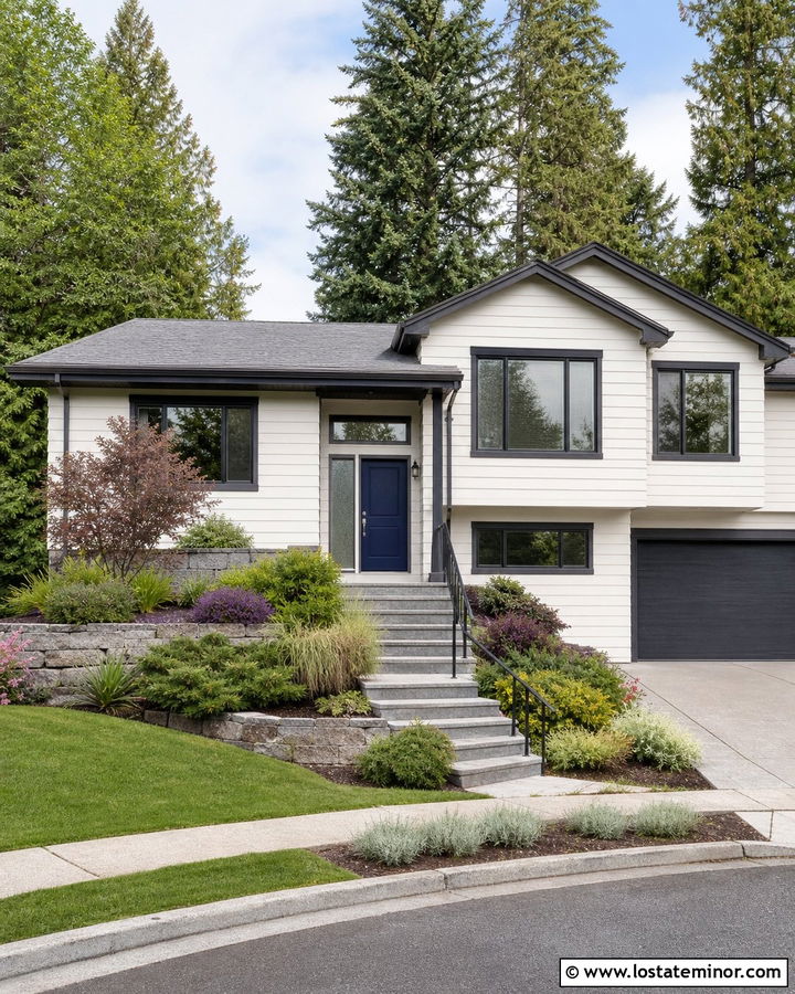 White Split Level House With Tiered Landscaping - 30 White House Design With Front Yard Ideas
