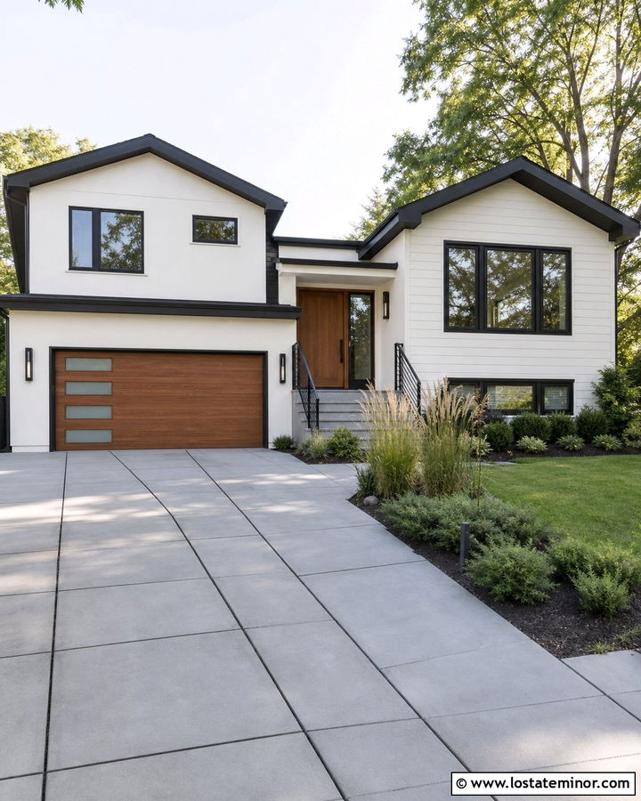 White Split Level With Concrete Paver Driveway - 30 White House Design With Driveway Ideas