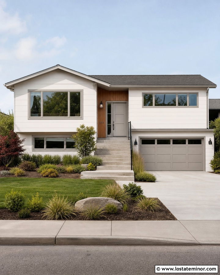 White Split Level With Soft Gray Window Frames - 30 White House Design With Window Frames Ideas
