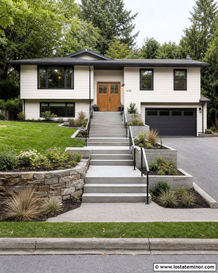 White Split Level With Tiered Steps - 30 White House Design With Steps Ideas