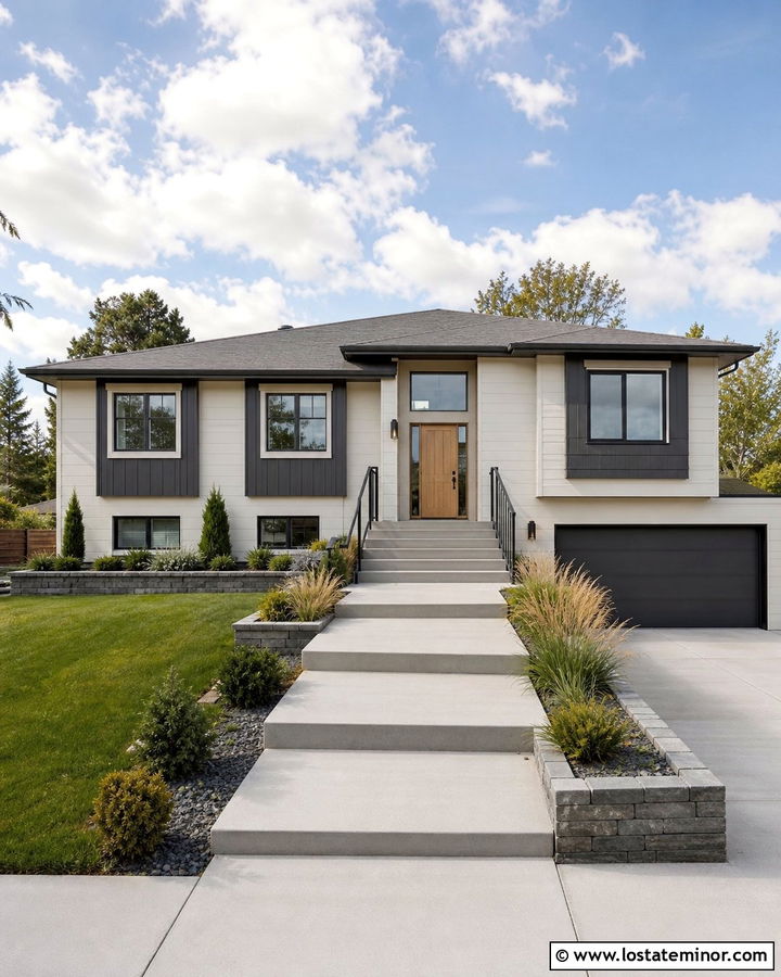 White Split Level With Wide Concrete Steps - 30 White House Design With Walkway Ideas