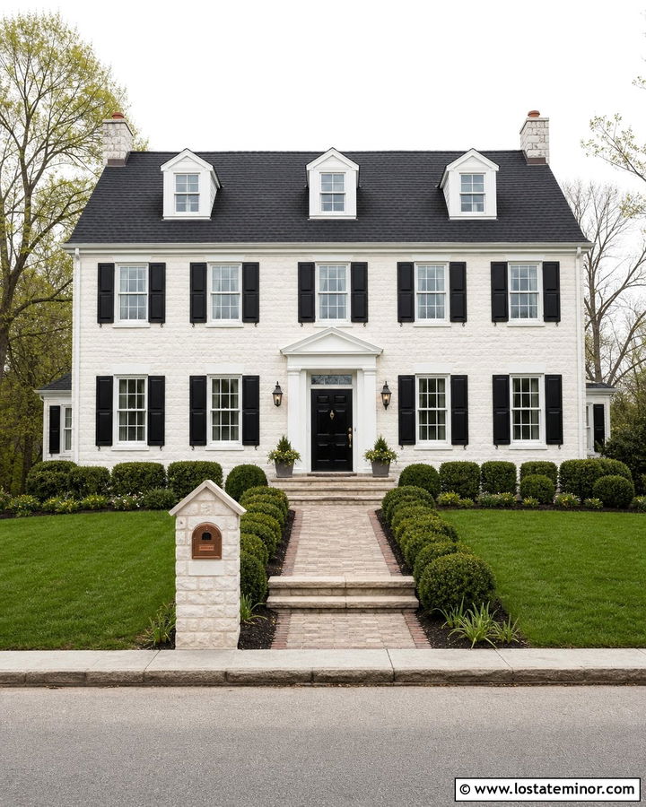 White Stone Colonial With Copper Mailbox - 30 Stone House Design With Mailbox Ideas