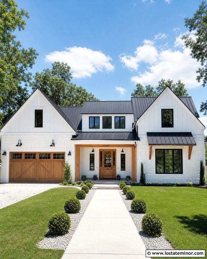 White Stone Farmhouse With Gooseneck Lights - 30 Stone House Design With Light Fixtures Ideas
