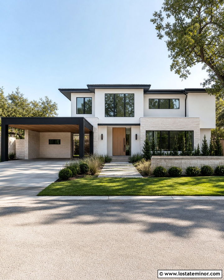 White Stone House With Black Carport - 30 Stone House Design With Carport Ideas