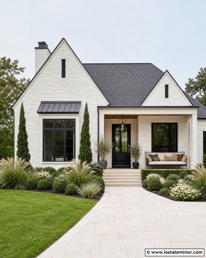 White Stone House With Black Daybed - 30 Stone House Design With Daybed Ideas
