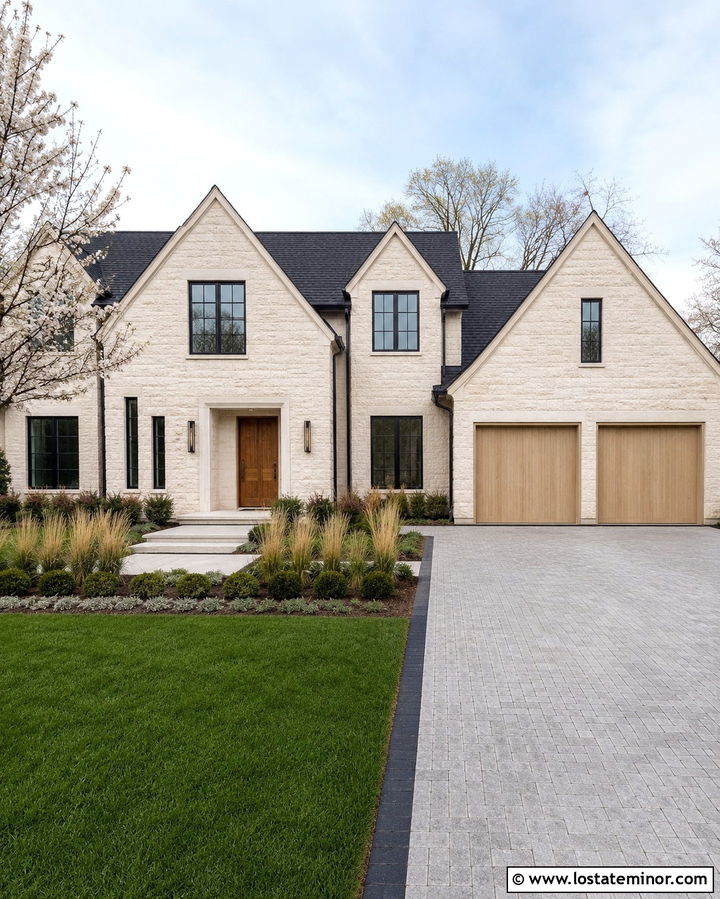 White Stone House With Black Driveway Border - 30 Stone House Design With Driveway Ideas