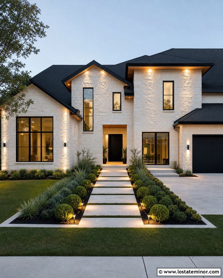 White Stone House With Black Exterior Lighting - 30 Stone House Design With Lighting Ideas