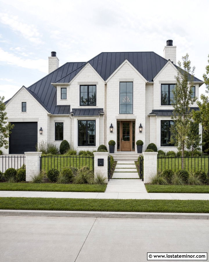 White Stone House With Black Metal Fence - 30 Stone House Design With Fence Ideas