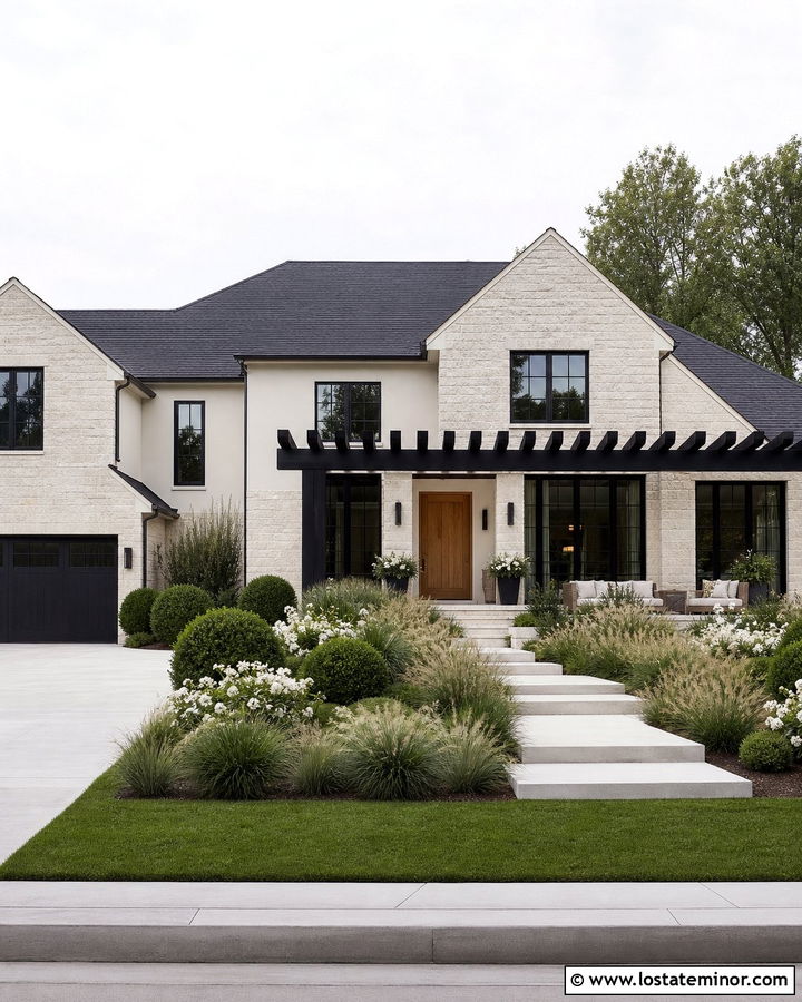 White Stone House With Black Pergola - 30 Stone House Design With Pergola Ideas