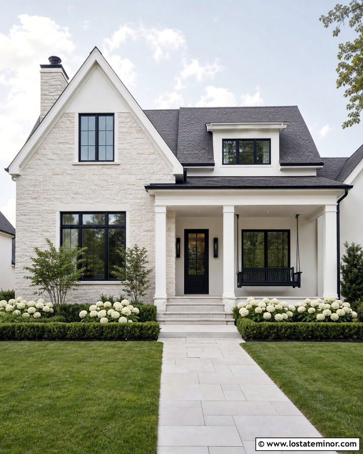 White Stone House With Black Porch Swing - 30 Stone House Design With Swing Ideas
