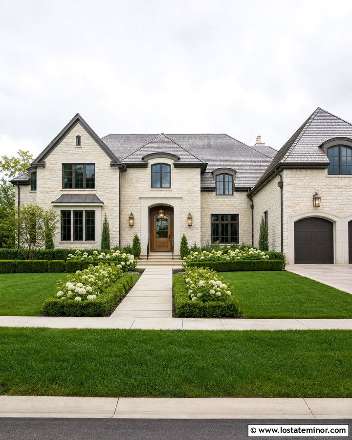 White Stone House With Bronze Railings - 30 Stone House Design With Railings Ideas