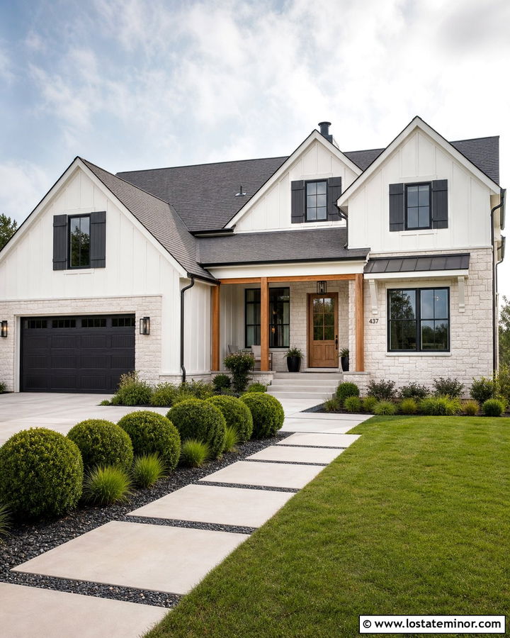 White Stone House With Charcoal Shutters - 30 Stone House Design With Shutters Ideas