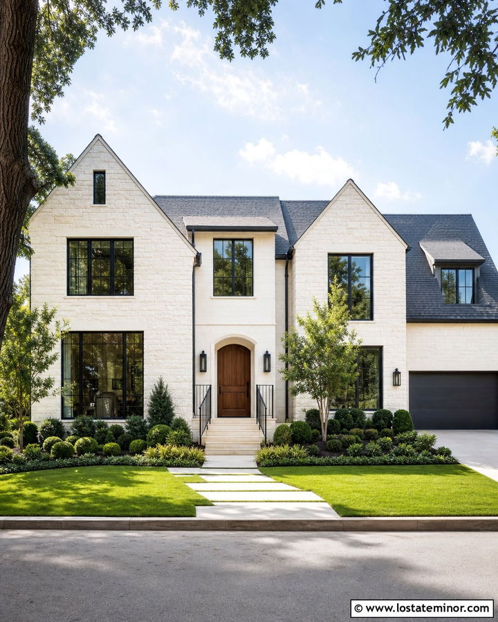 White Stone House With Charcoal Window Frames - 30 Stone House Design With Window Frames Ideas