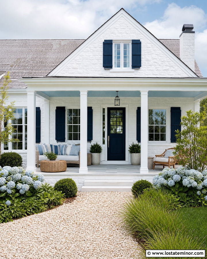 White Stone House With Coastal Blue Porch Ceiling - 30 Stone House Design With Porch Ceiling Ideas