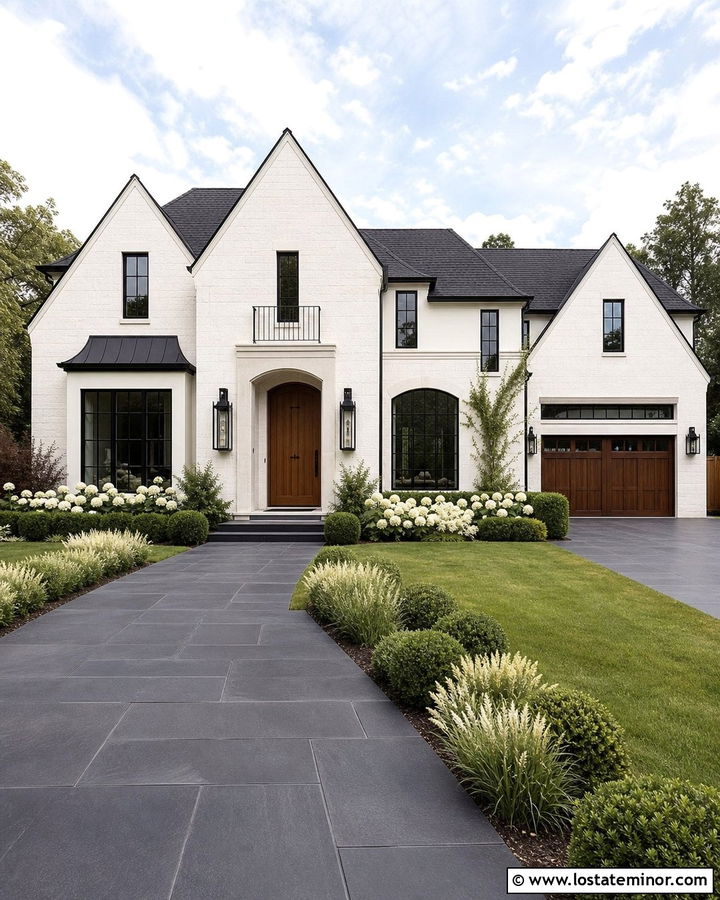 White Stone House With Dark Paver Walkway - 30 Stone House Design With Walkway Ideas