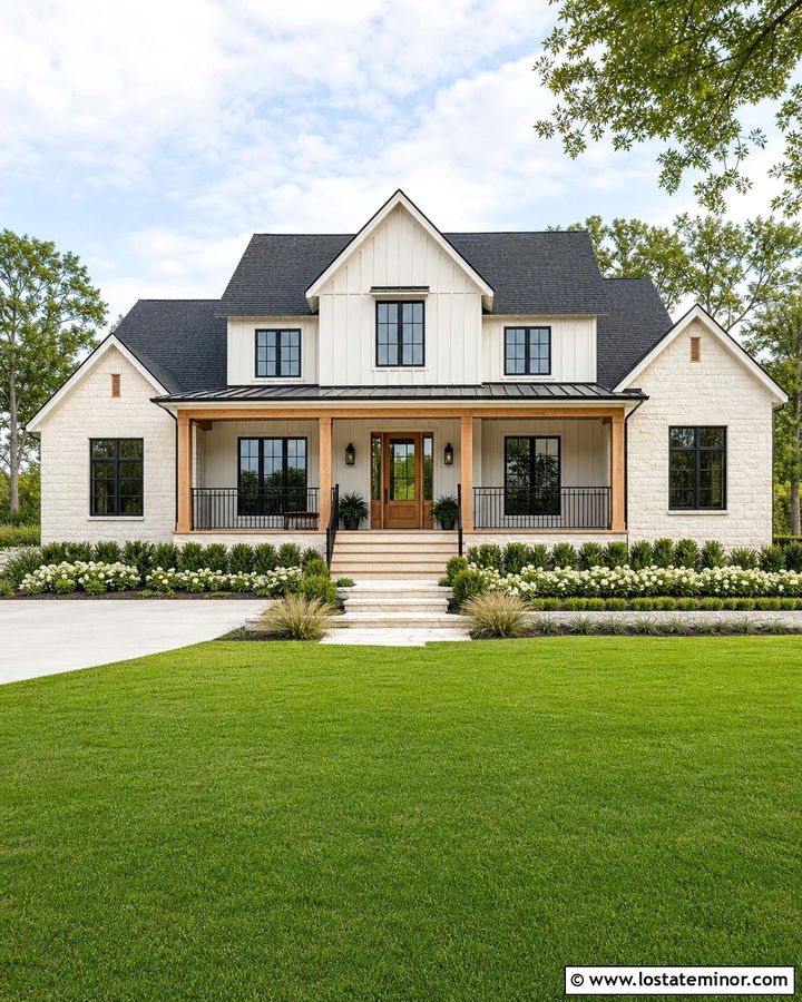 White Stone House With Natural Wood Deck - 30 Stone House Design With Deck Ideas