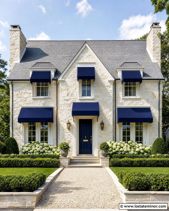 White Stone House With Navy Canvas Awning - 30 Stone House Design With Awning Ideas