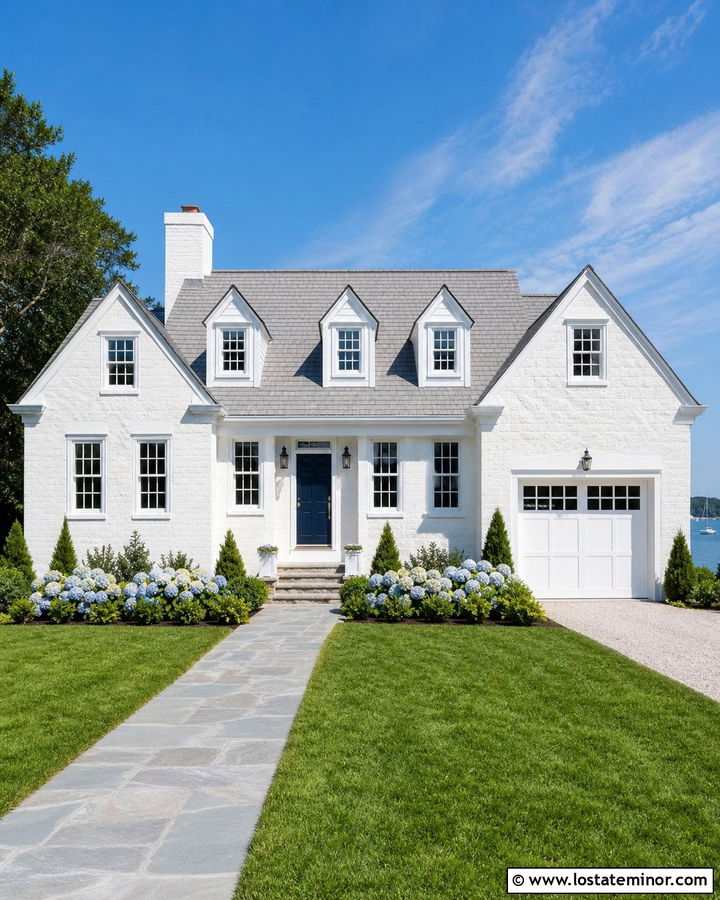 White Stone House With Navy Front Door - 30 Stone House Design With Front Door Ideas