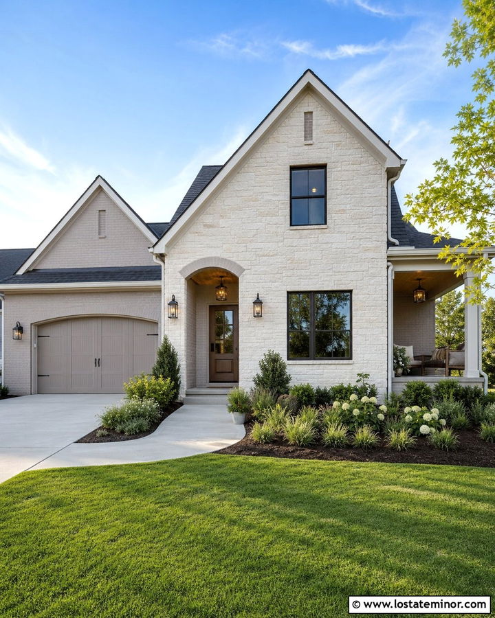 White Stone House With Painted Brick Accents - 30 Stone House Design With Brick Accents Ideas