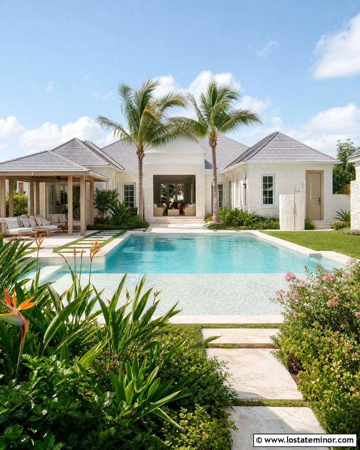 White Stone House With Tropical Pool - 30 Stone House Design With Swimming Pool Ideas