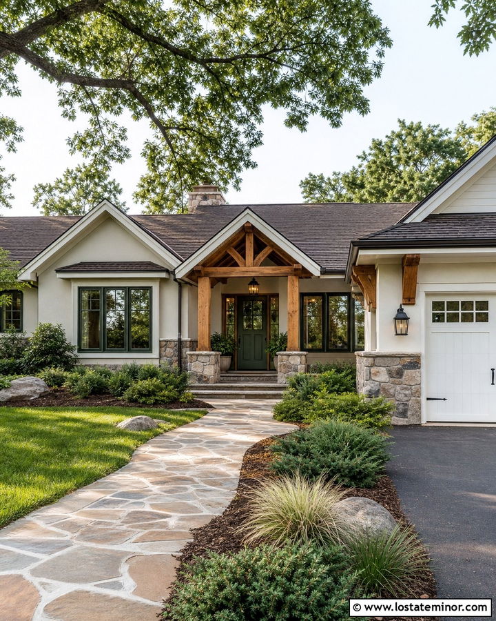 White Stone Ranch With Green Window Frames - 30 White House Design With Window Frames Ideas