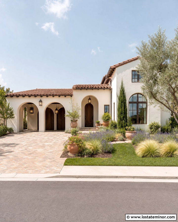 White Stucco House With Arched Carport - 30 White House Design With Carport Ideas