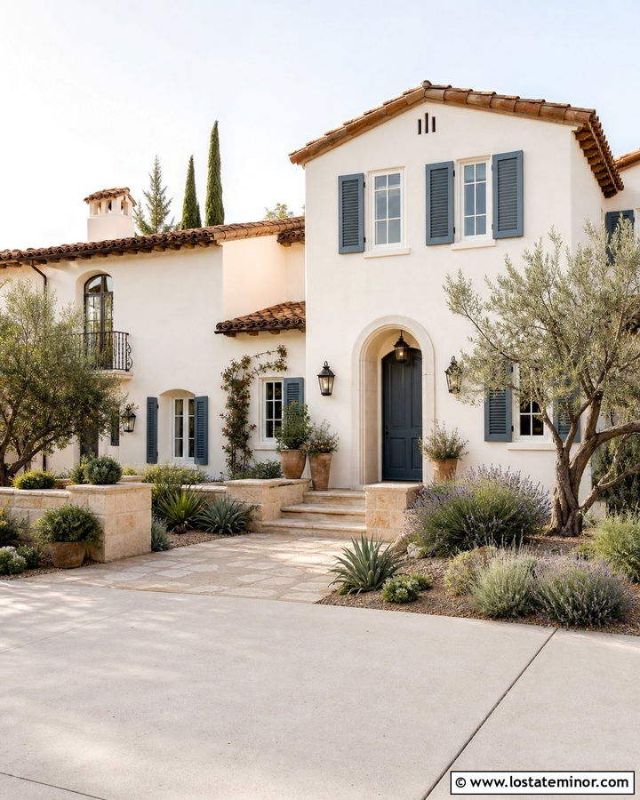 White Stucco House With Blue Gray Shutters - 30 White House Design With Shutters Ideas