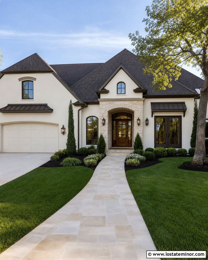 White Stucco House With Dark Bronze Window Frames - 30 White House Design With Window Frames Ideas