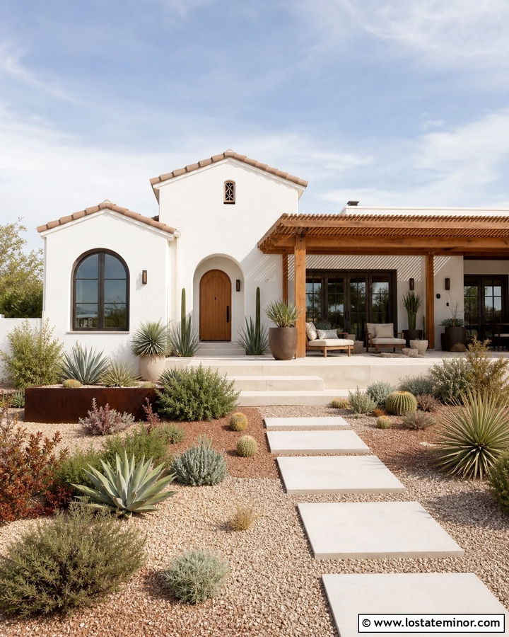 White Stucco House With Desert Backyard Landscaping - 30 White House Design With Backyard Ideas