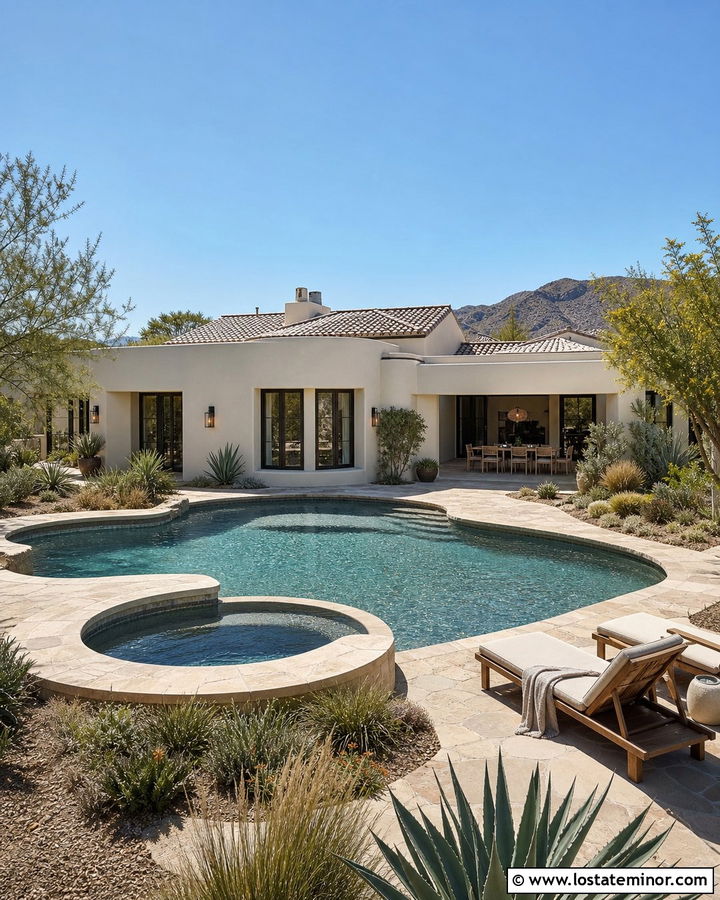 White Stucco House With Freeform Swimming Pool - 30 White House Design With Swimming Pool Ideas