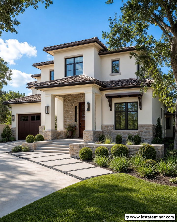 White Stucco House With Stacked Stone Wainscoting - 30 White House Design With Wainscoting Ideas