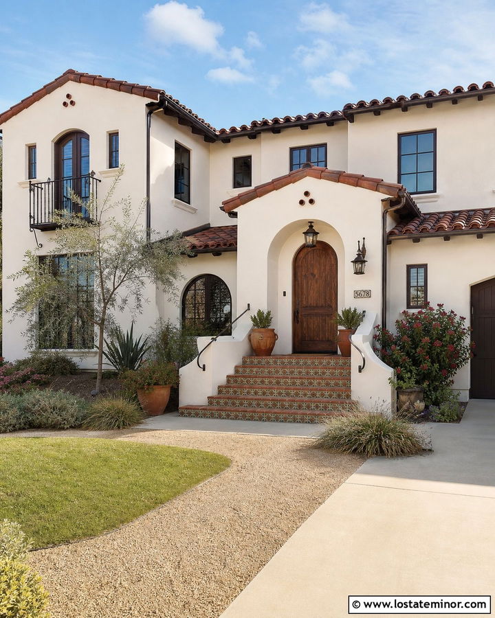 White Stucco House With Terracotta Steps - 30 White House Design With Steps Ideas