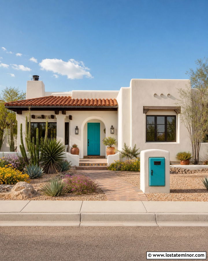 White Stucco House With Turquoise Mailbox - 30 White House Design With Mailbox Ideas