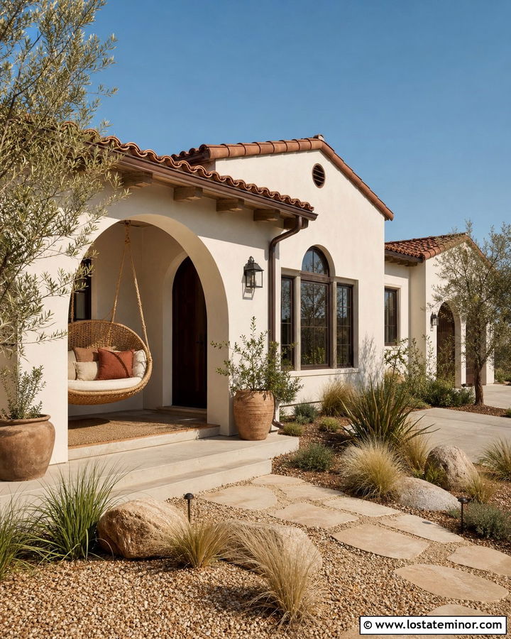 White Stucco House With Woven Swing - 30 White House Design With Swing Ideas