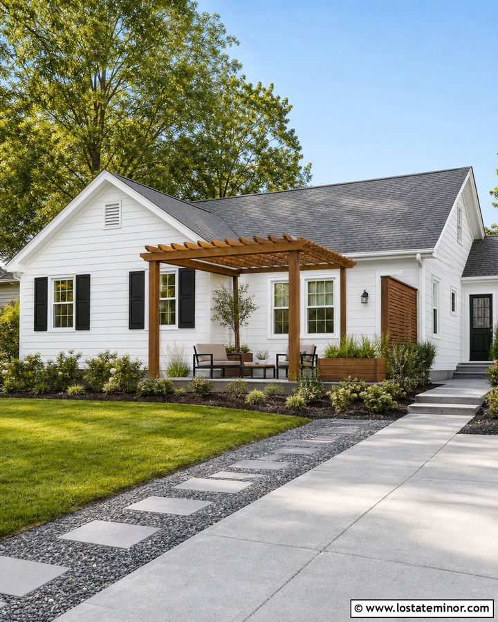 White Suburban House With Budget Pergola - 30 White House Design With Pergola Ideas