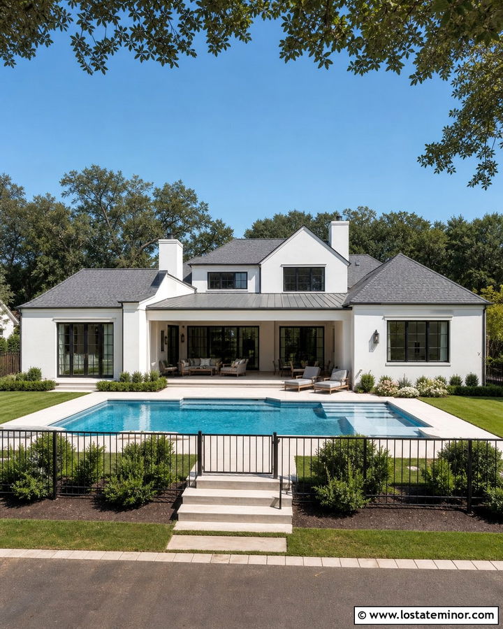 White Suburban House With Family Swimming Pool - 30 White House Design With Swimming Pool Ideas