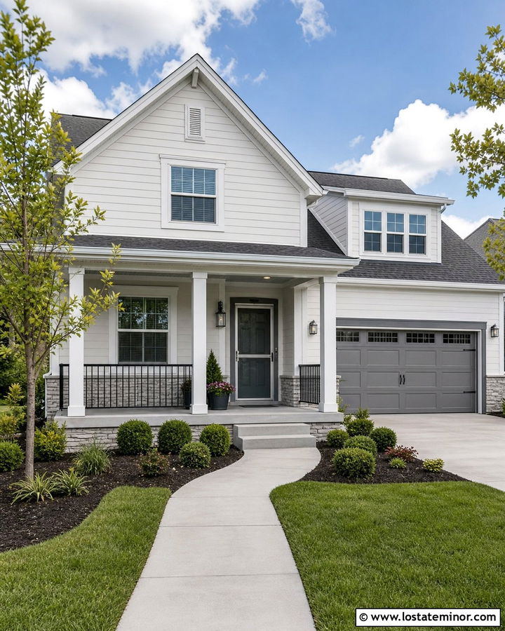 White Suburban House With Gray Retractable Storm Door - 30 White House Design With Storm Door Ideas