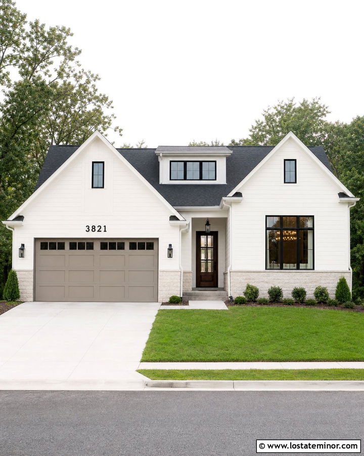 White Suburban House With Numbers Above The Garage - 30 White House Design With House Numbers Ideas