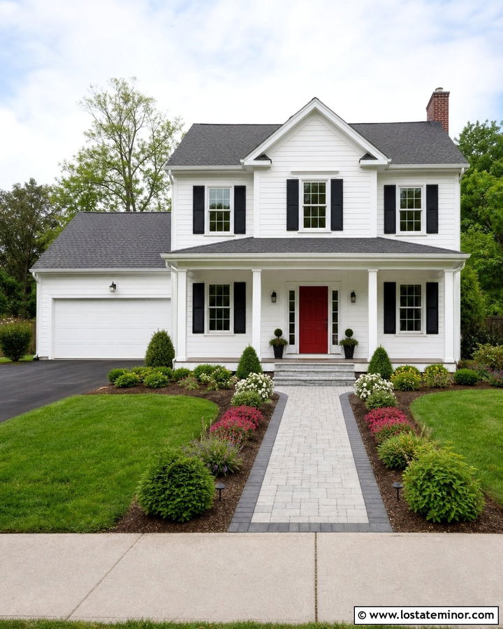 White Suburban House With Paver Border Walkway - 30 White House Design With Walkway Ideas