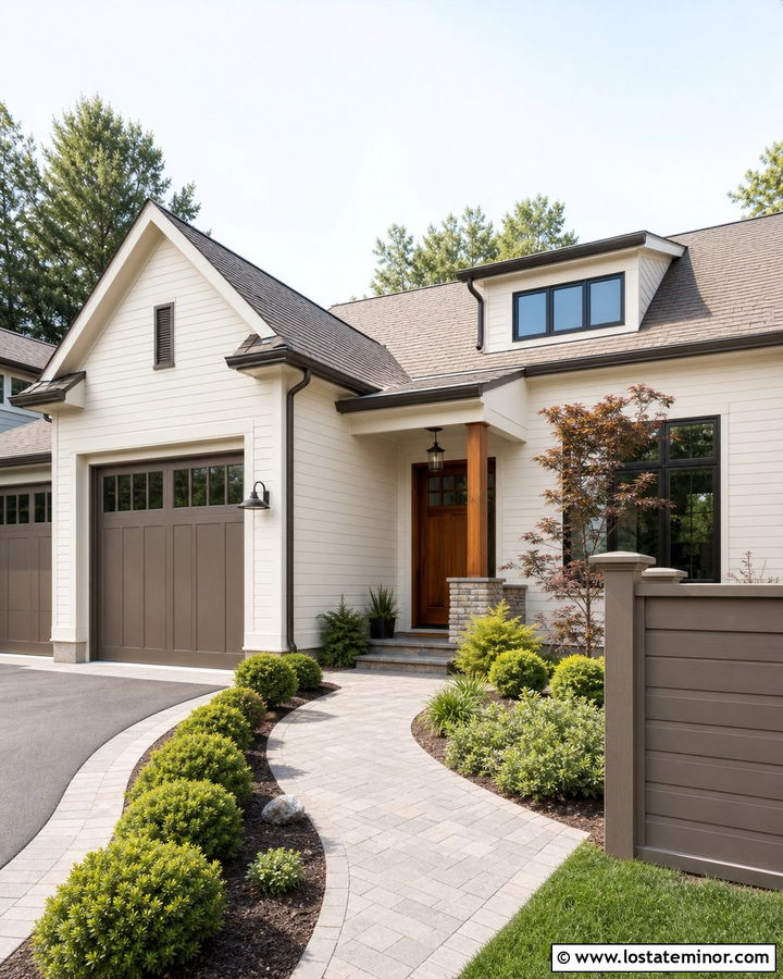 White Suburban House With Taupe Composite Fence - 30 White House Design With Fence Ideas